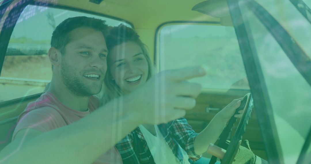 Couple Enjoying Road Trip with Digital Overlay Technology