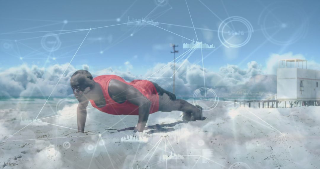 Active Man Exercising on Beach with Digital Connections