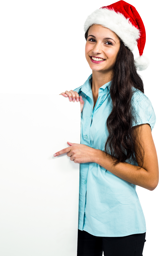 Transparent Happy Woman Wearing Santa Hat Pointing at Blank Placard - Download Free Stock Images Pikwizard.com