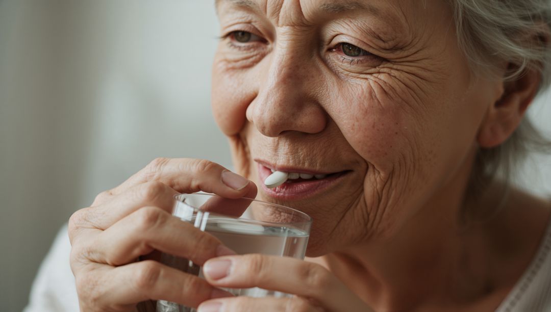 Senior woman taking pill with glass of water closeup portrait showing medication routine