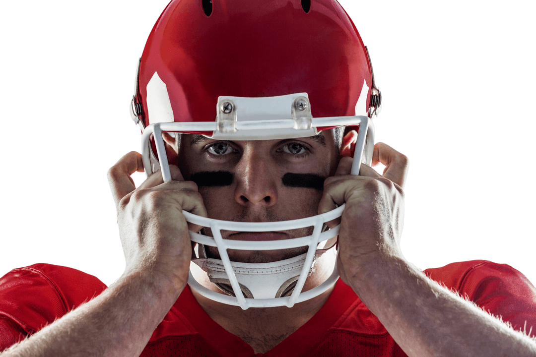 Determined Football Player Wearing Red Helmet on Transparent Background