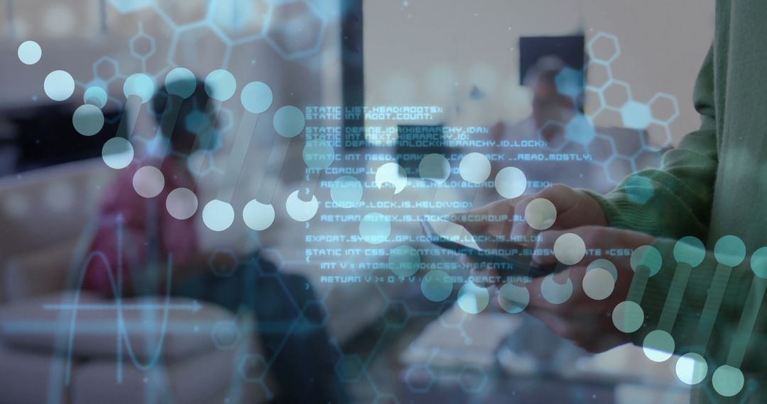 Man Engaging with Digital Network and DNA Code Interface