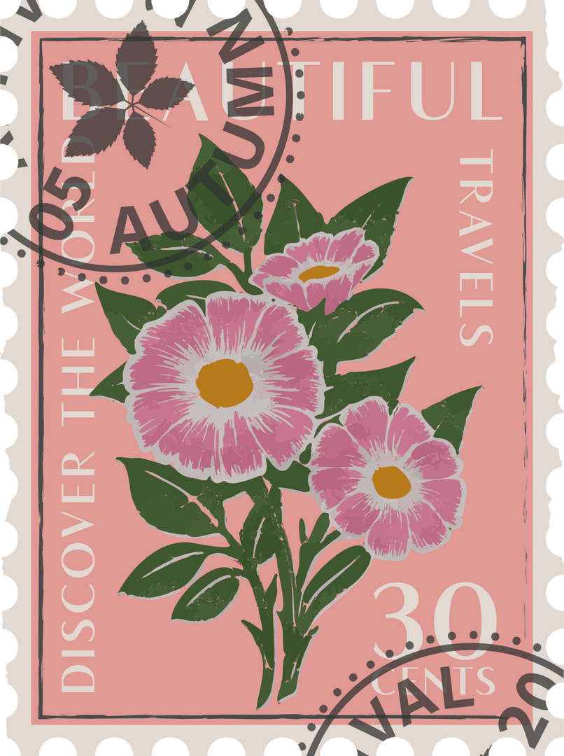 Transparent Vintage Stamp with Pink Botanical Illustrations