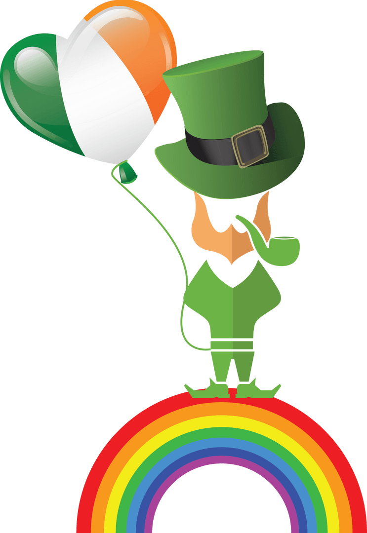 Transparent Leprechaun Holding Heart Balloon on Rainbow