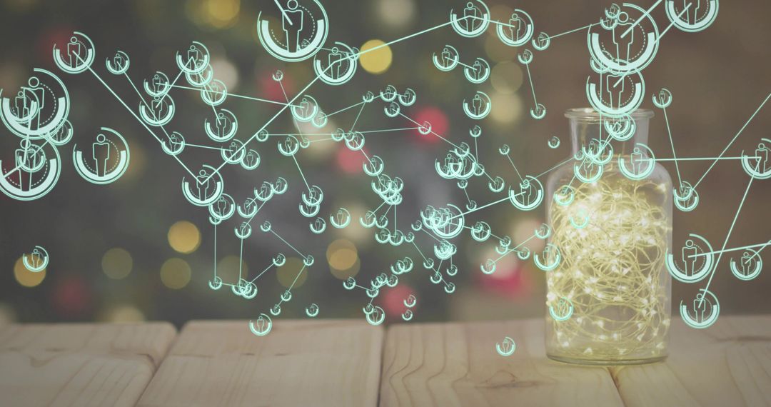 Glass Jar Fairy Lights with Holographic Network Overlay, Warm Bokeh Glow on Wooden Surface