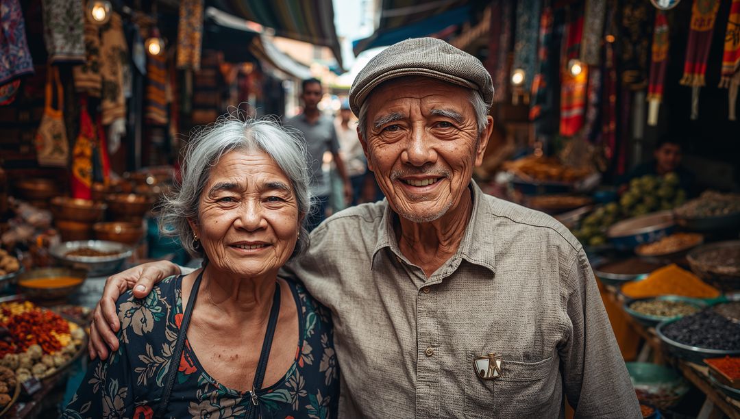 Smiling senior Asian couple exploring spice bazaar alley with textiles and baskets