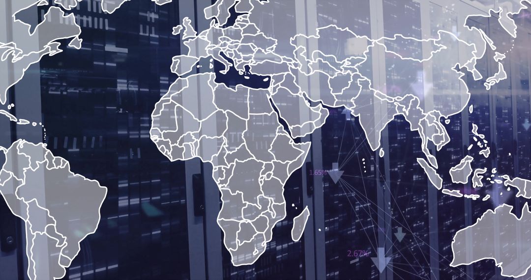 World Map Overlay on Computer Servers Illustrating Global Network