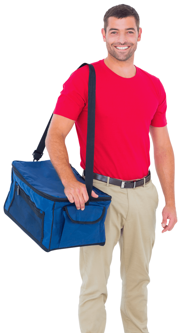 Transparent Background Smiling Delivery Man with Insulated Bag