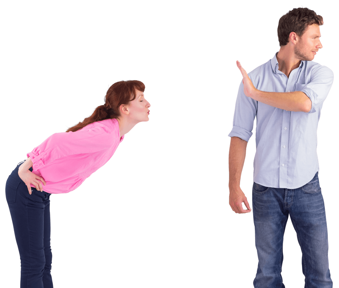 Man Showcasing Rejection with Hands in Stop Gesture, Woman Leaning Forward, Transparent