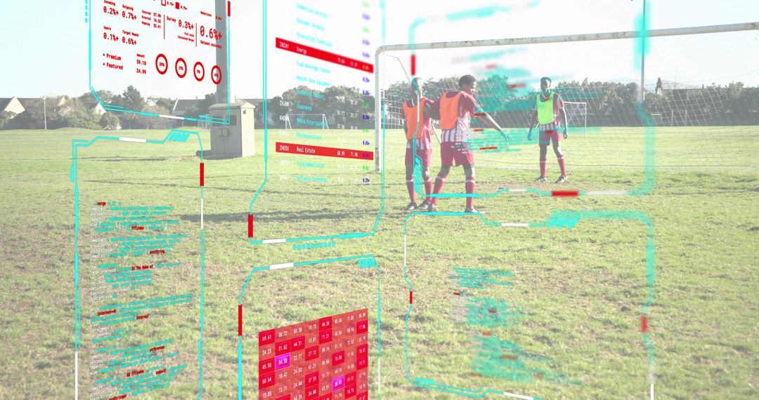 Soccer players practicing tactics with augmented reality HUD overlays on grass pitch