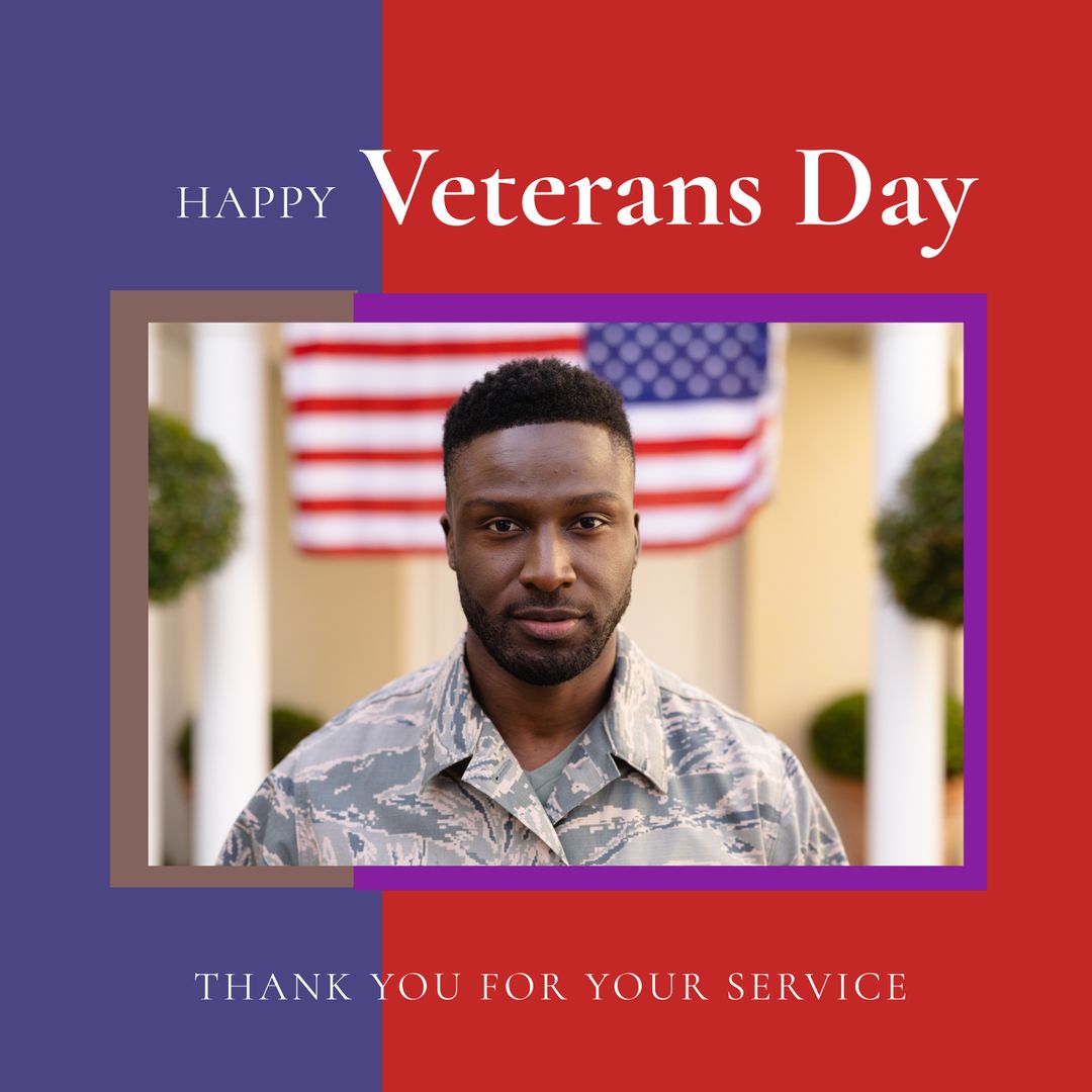 Happy Veterans Day Background with African American Male Soldier and American Flags - Download Free Stock Templates Pikwizard.com