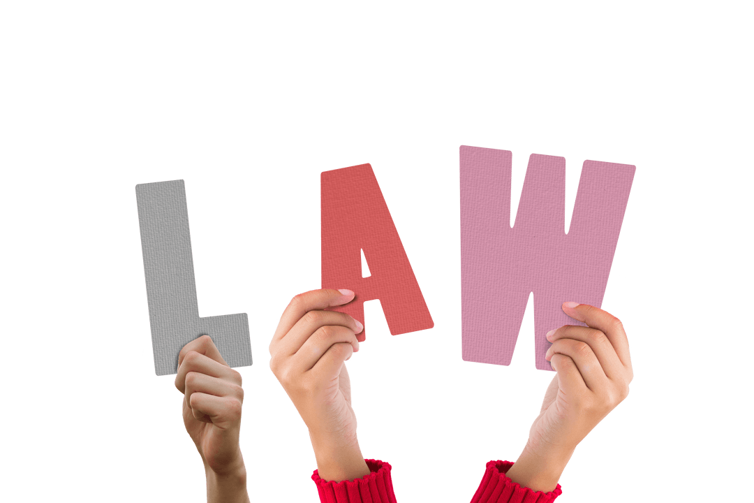 Hands Holding Bold Law Text on Transparent Background