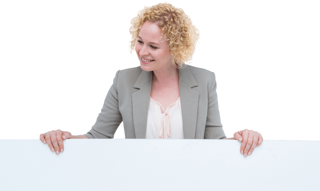 Smiling Woman Holding a Transparent Blank Sign for Advertisement