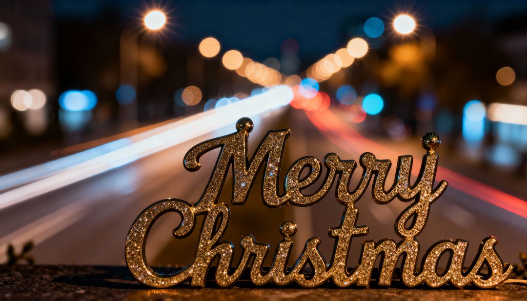 Glittering Gold Merry Christmas Script Sign Glowing with Urban Light Trails at Night