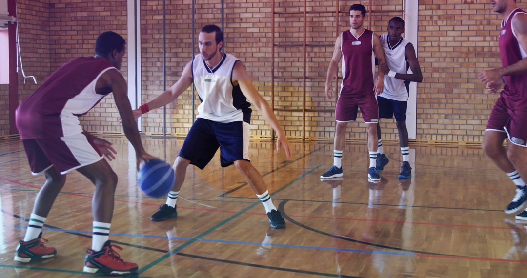 Intense Basketball Game in Brick-Walled Gym