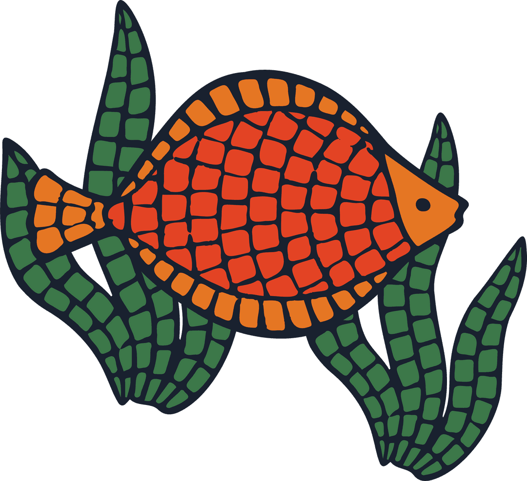 Mosaic-design Fish Among Seaweed on Transparent Background