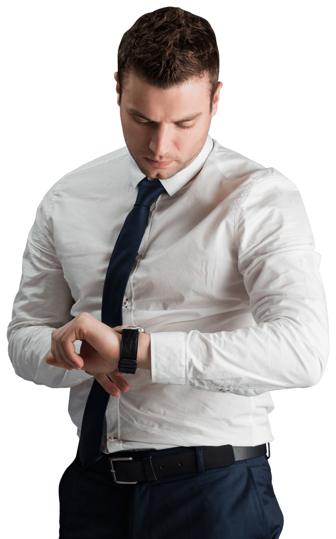 Businessman In White Shirt Checking Watch, Transparent Background