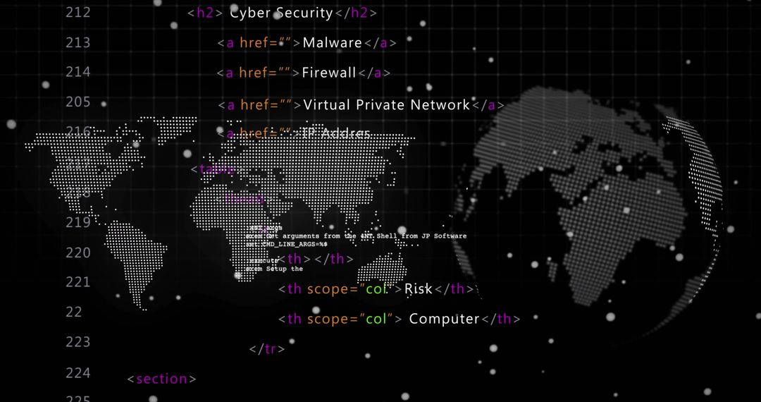 Dotted world map and 3D globe pulsing on cyber dashboard with code overlay and neon grid