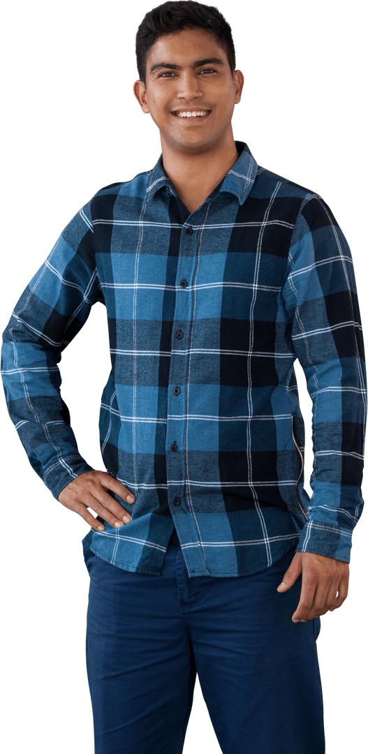 Transparent Portrait of Smiling Man in Blue Plaid Shirt