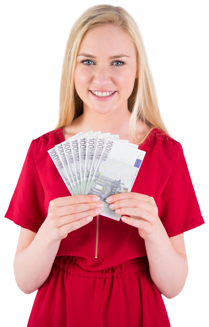 Happy Caucasian Woman Holding Money on Transparent Background - Download Free Stock Images Pikwizard.com