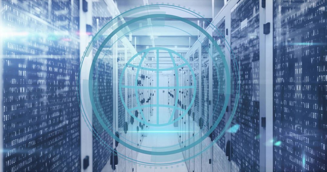 Futuristic Data Center with Globe Network Icon Overlay