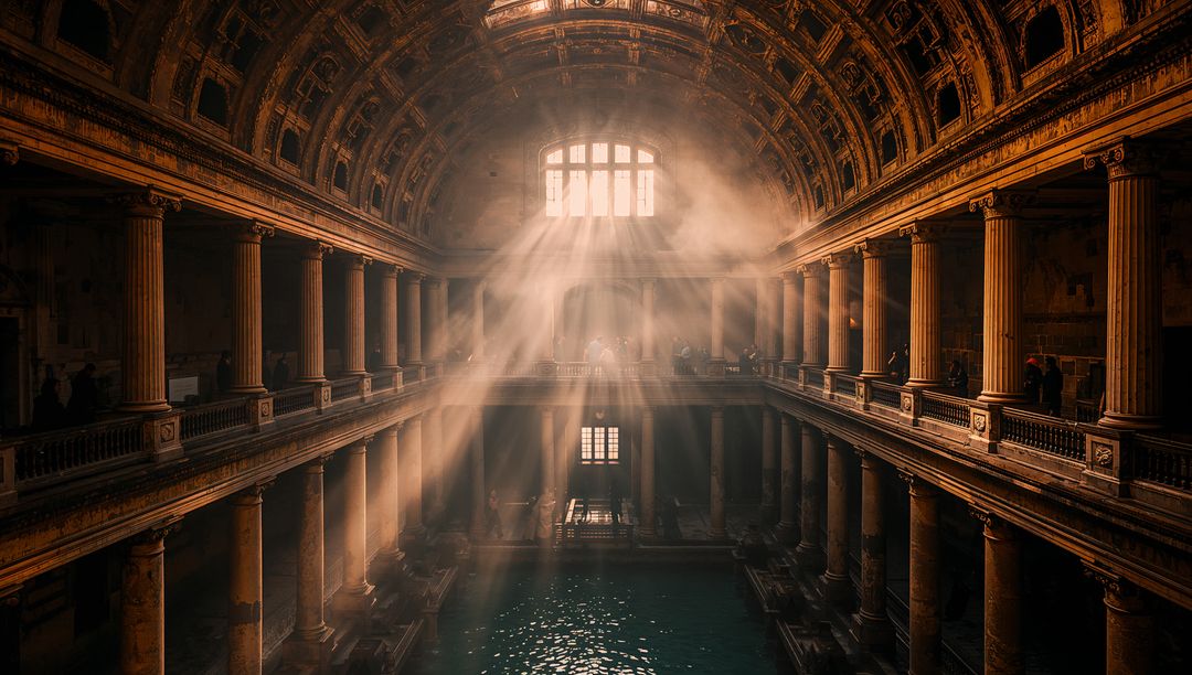 Sunlight Streaming Through Arched Window in Historic Columned Bath Hall with Indoor Pool