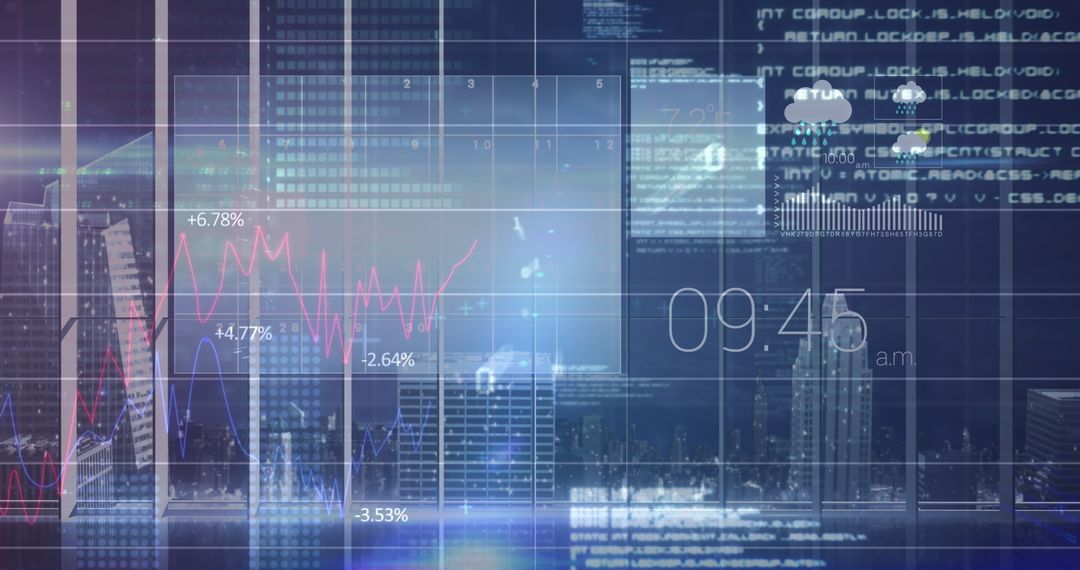 Futuristic Digital Interface with City Overlay and Data Graphs
