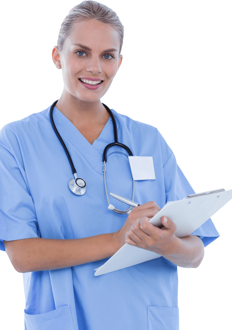 Transparent Background Smiling Doctor with Clipboard and Stethoscope