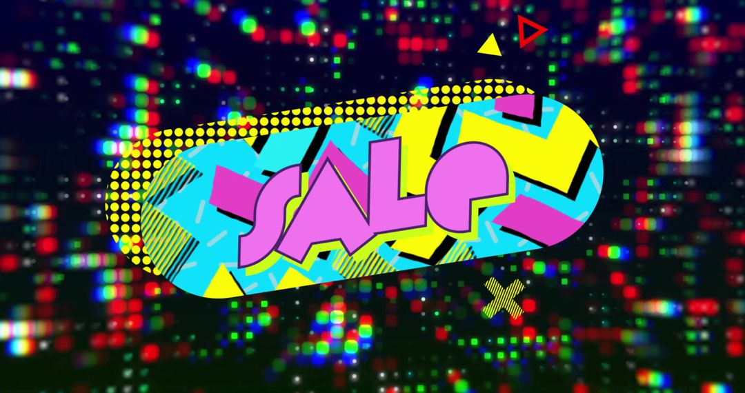 Vibrant Sale Banner with Neon Geometric Design Over Digital Background