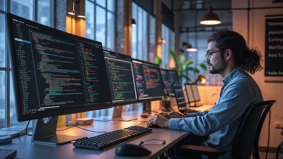 Software Developer Analyzing Complex Code on Multiple Monitors