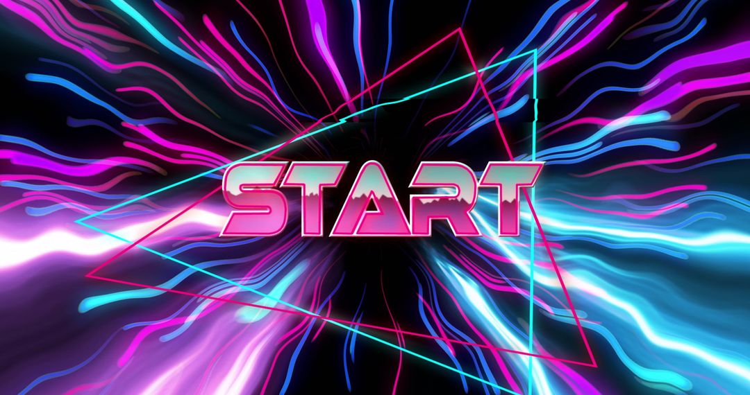 Futuristic START Text with Neon Lights and Geometric Shapes