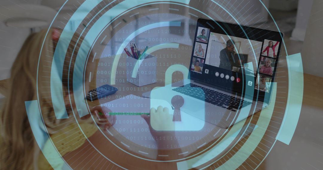 Girl Engaged in Virtual Learning with Locked Security Overlay