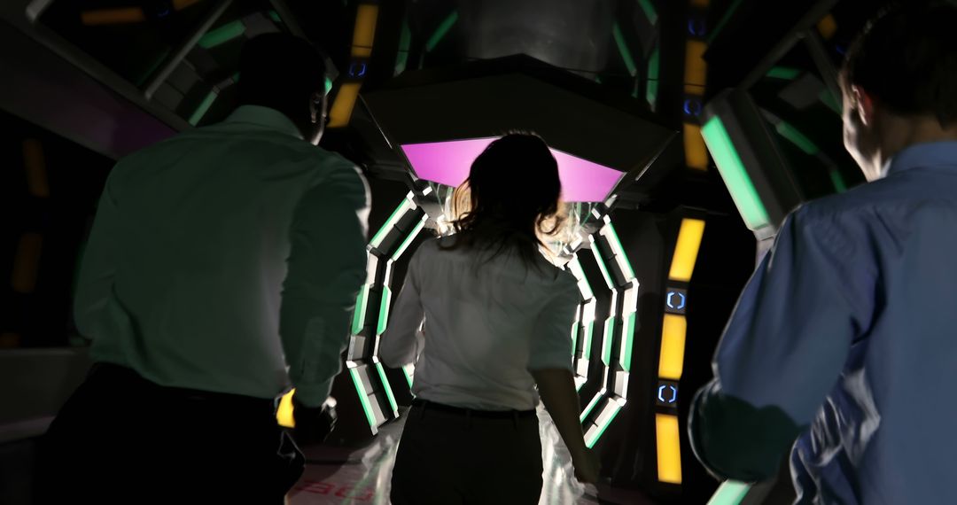 Walking Through Futuristic Interactive Exhibit with Colorful Light Patterns