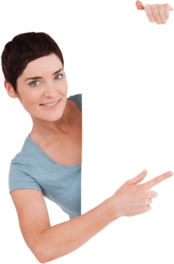 Cheerful Brunette Woman Pointing at Transparent Border