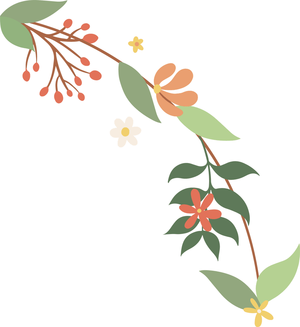 Flat Design Botanical Vine with Red Berries on Transparent Background