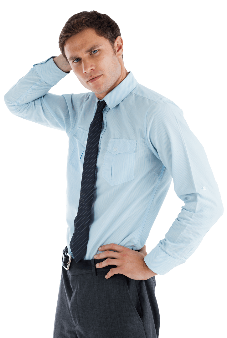 Transparent Thoughtful Businessman Posing with Hand on Head
