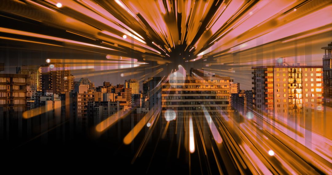 Futuristic Digital Cityscape with Data Streams at Sunset