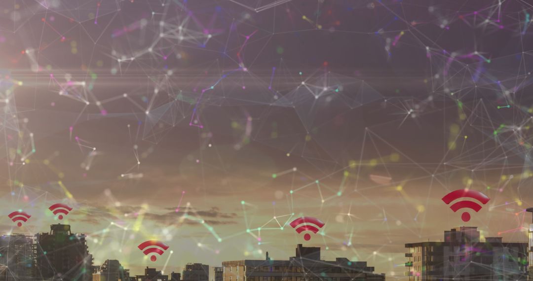 Urban Skyline with Global Connectivity and 5G Network Symbols