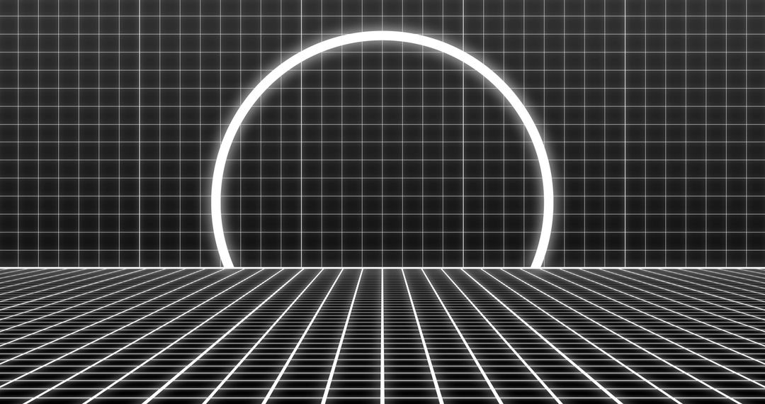 Abstract Digital Grid with Neon Circle in Retro Futurism Style
