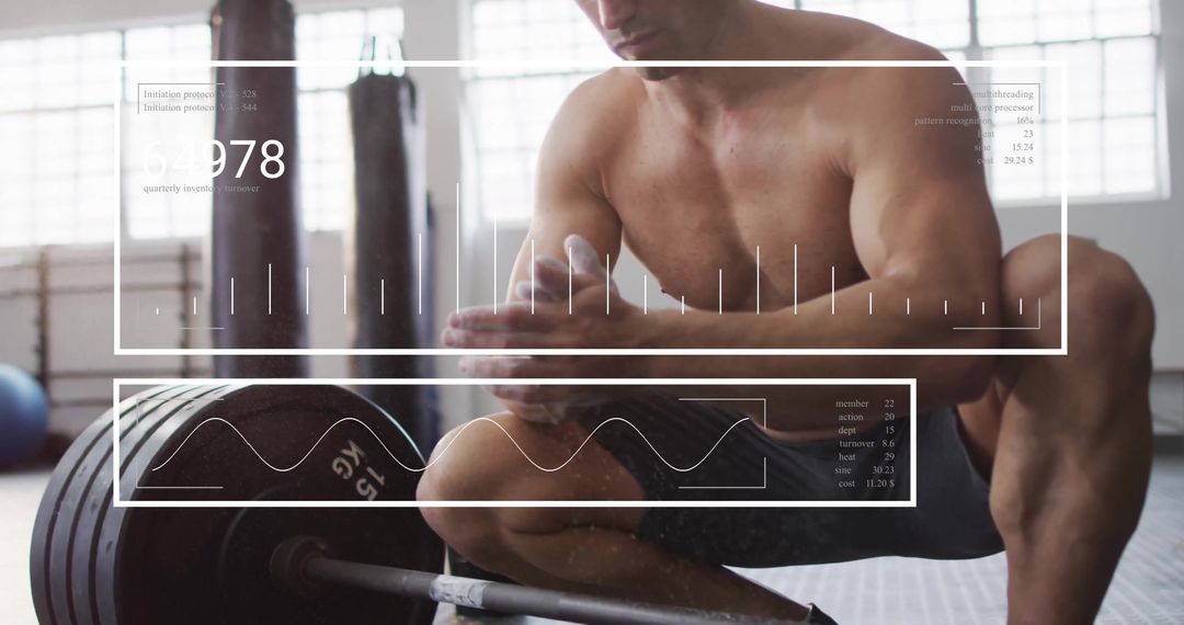 Athlete Preparing for Lift with Digital Data Interface