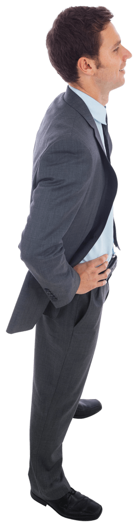 Transparent Cheerful Businessman in Profile View Standing with Hands on Hips