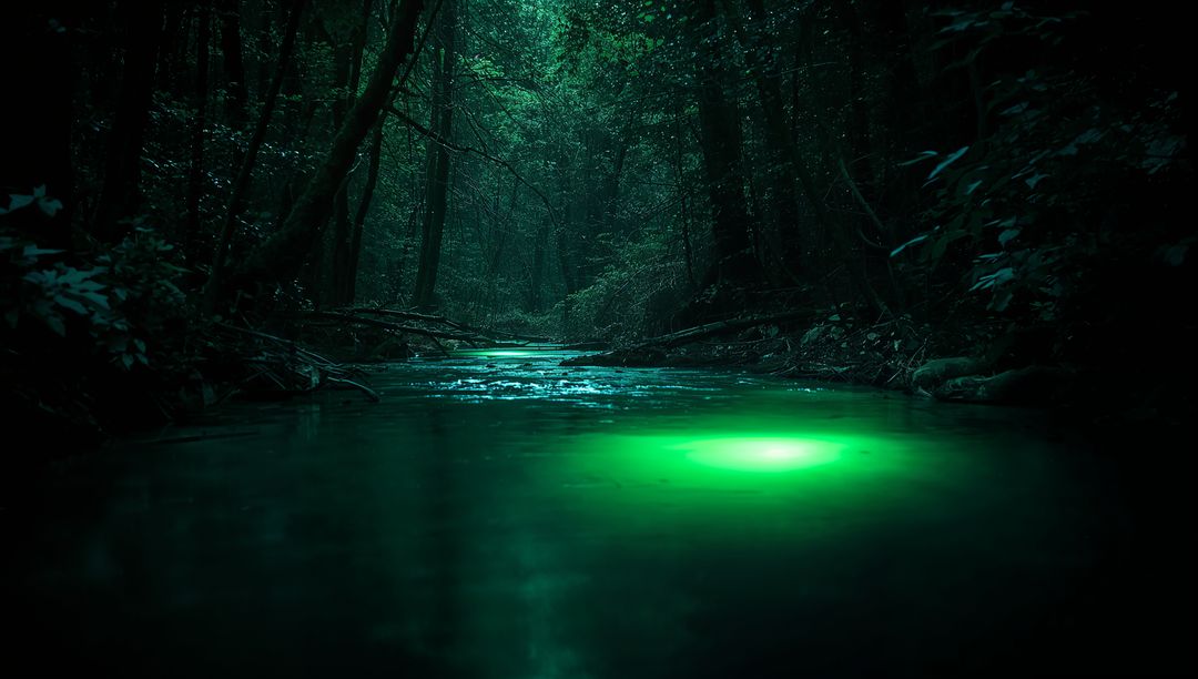 Magical Green Glow Lighting Forest Stream at Night