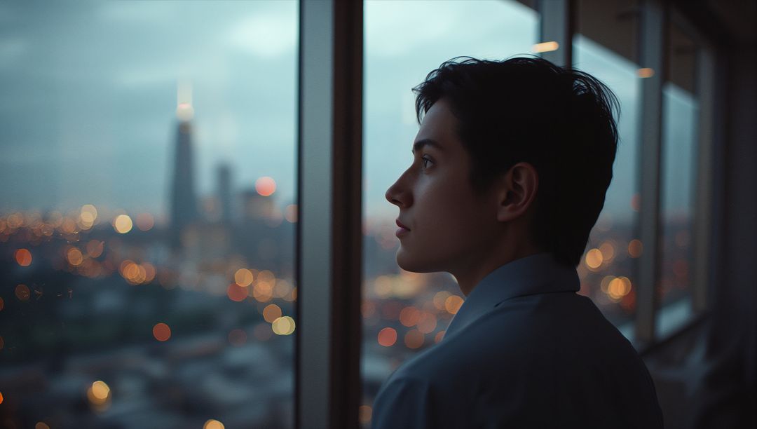 Reflective Man by Window Overlooking Urban Skyline at Dusk