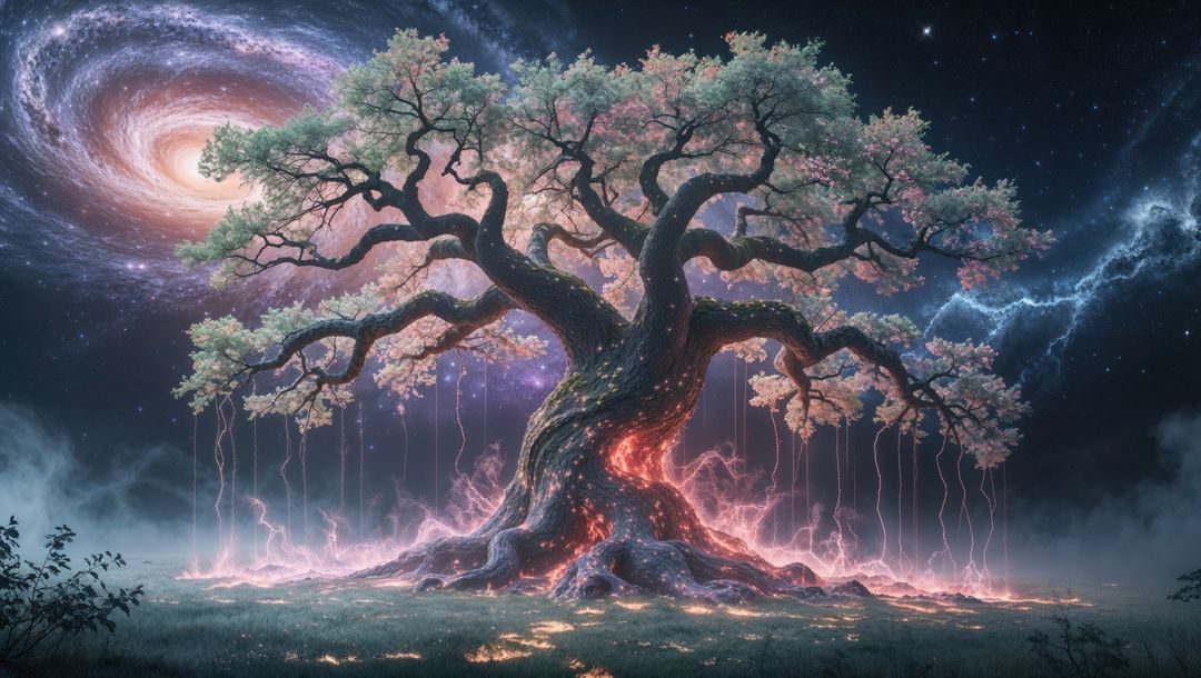 Glowing ancient dreaming tree with galaxy and blossoms