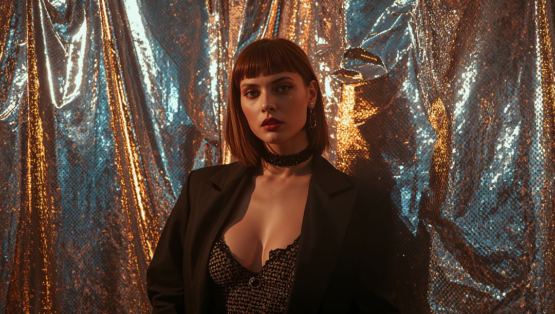 Elegant Female Model in Blazer with Sequins and Jewelry, Standing Studio Pose