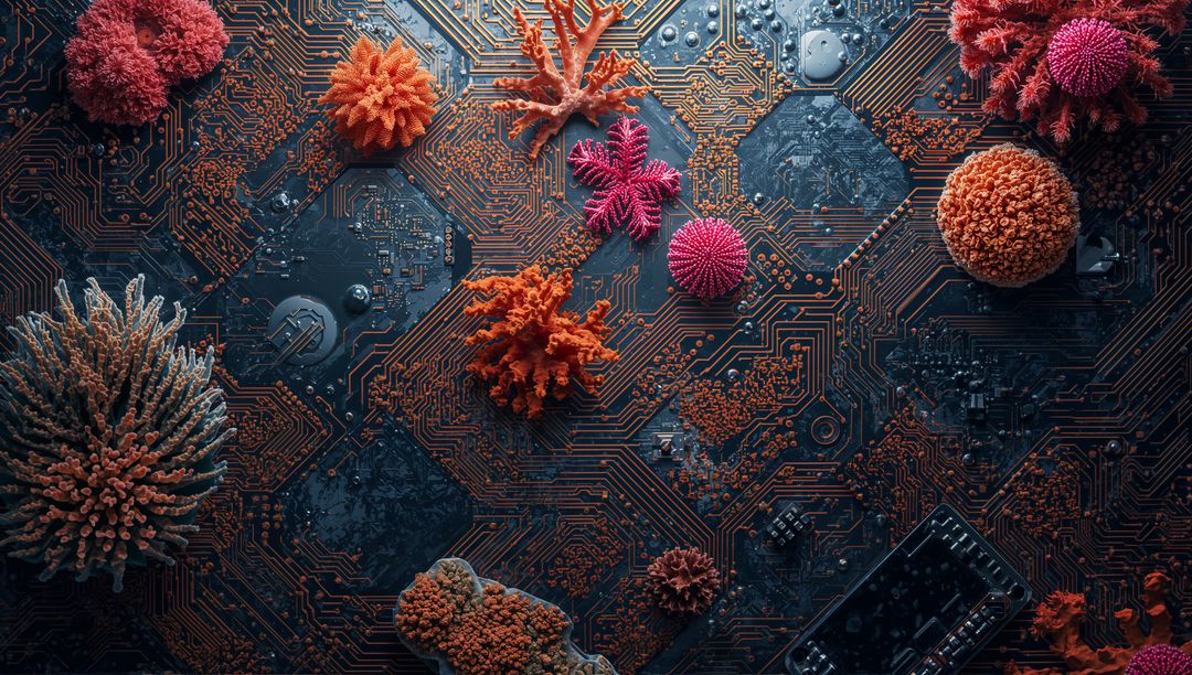 Biomorphic Coral Colonies Growing on Circuit Board Macro Backdrop for Tech Ecology Concept