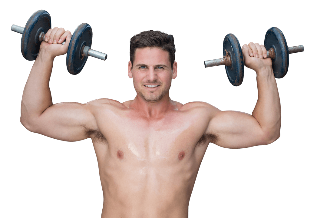 Caucasian Man Holding Weights on Transparent Background