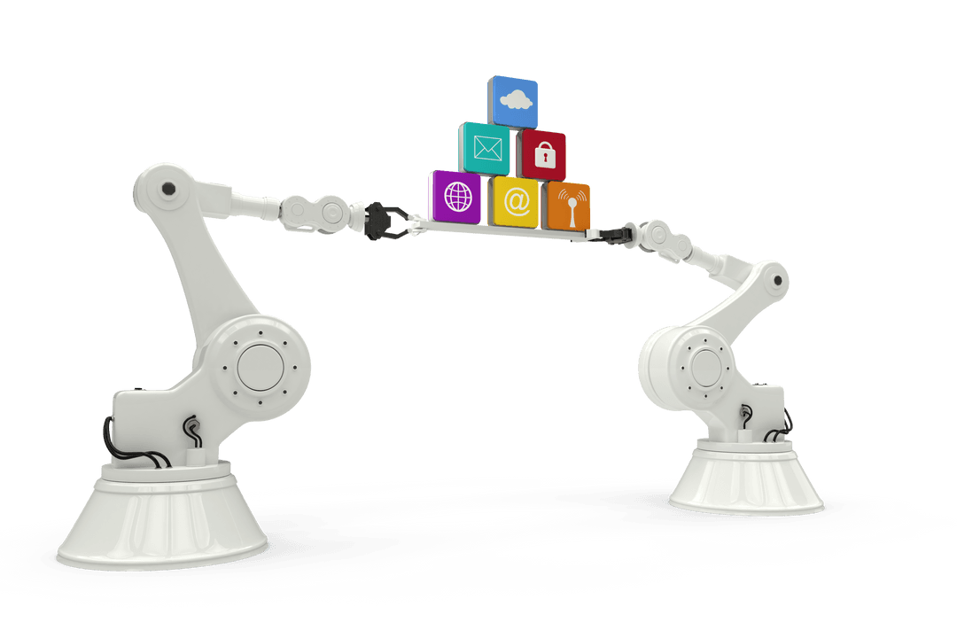 Robot Arms Holding Colorful Icons in Technology Illustration