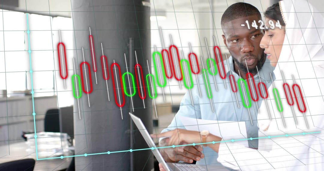 Diverse Business Team Analyzing Financial Data Stock Chart Overlay