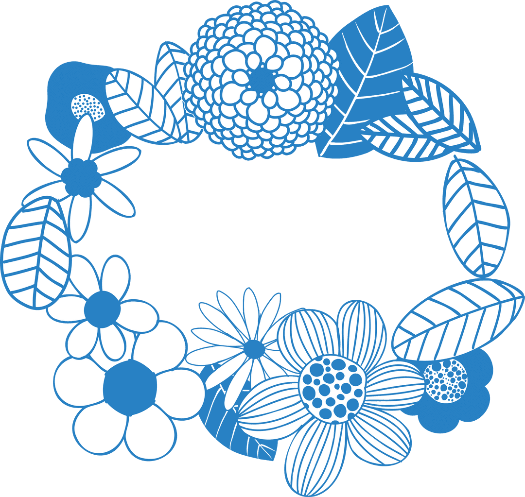Stylized Blue-White Floral Wreath with Leaf Motifs on Transparent Background